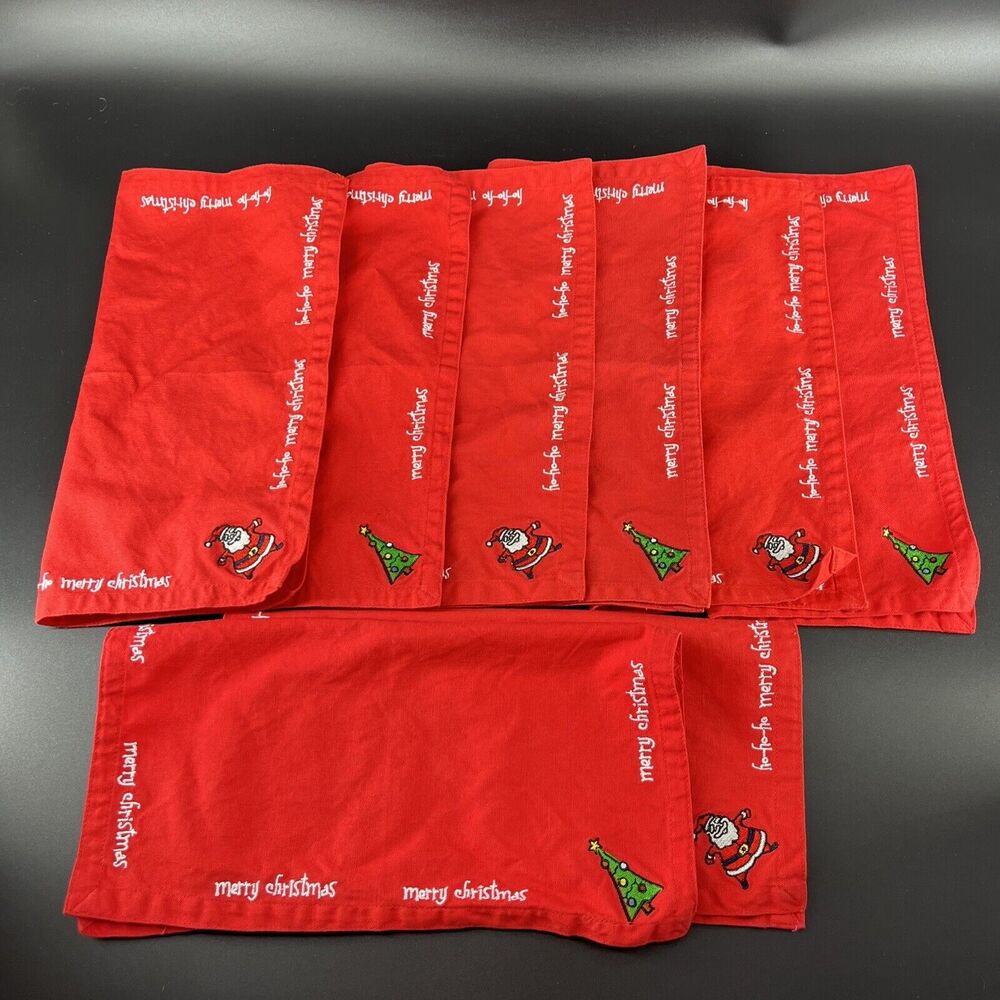 Silvestri Red Christmas Cloth Napkins Embroidered Merry Christmas Tree Santa 8